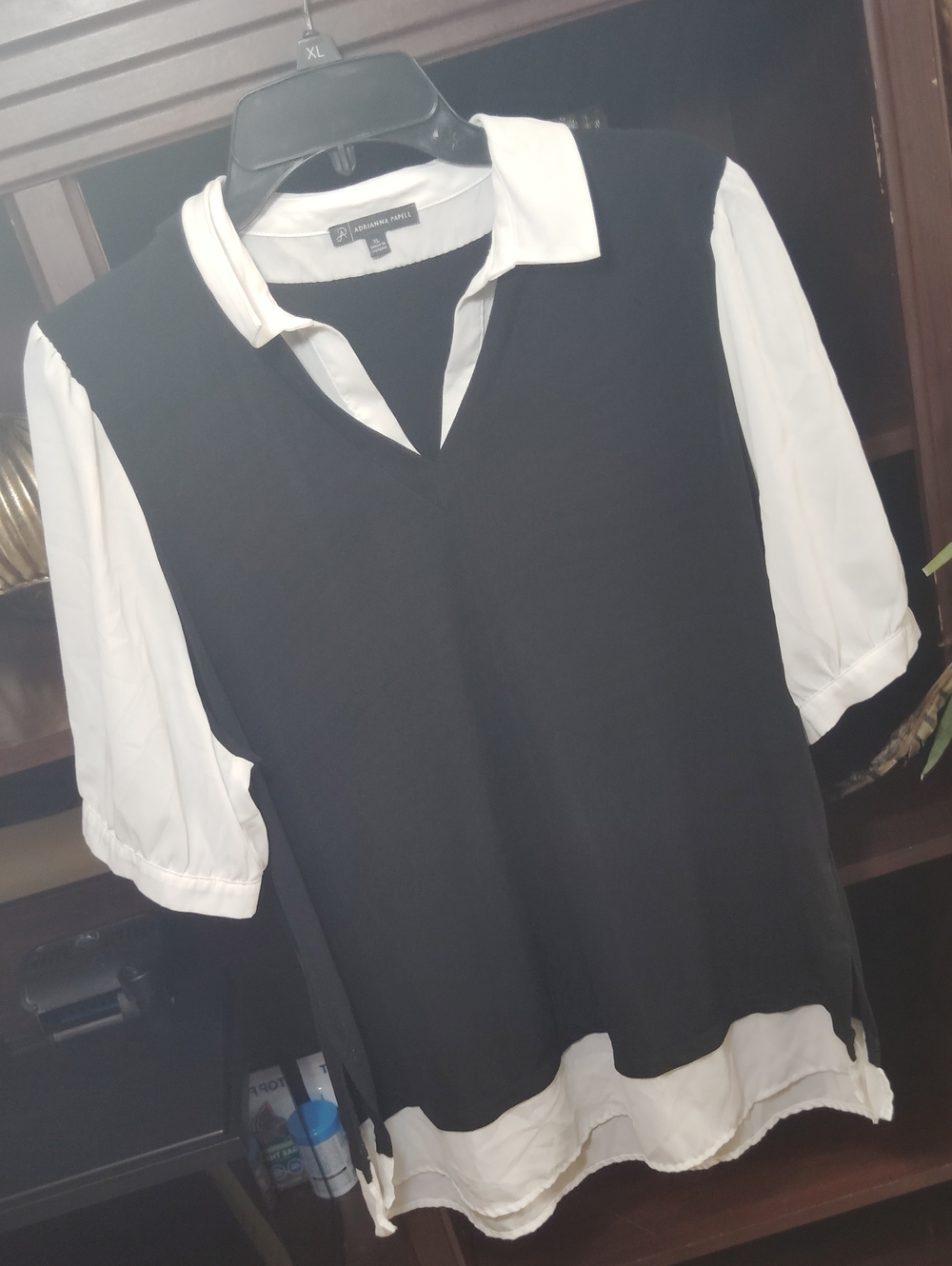 Adrianna Papell Black Layered-Look Blouse with White Collar and Sleeves